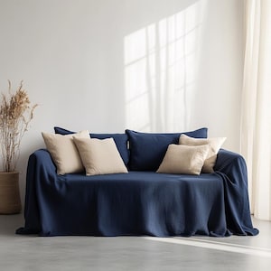 May include: A navy blue sofa draped with a matching linen throw. Beige square throw pillows and navy blue rectangular pillows are arranged on the sofa. A woven basket with dried plants is on the left.