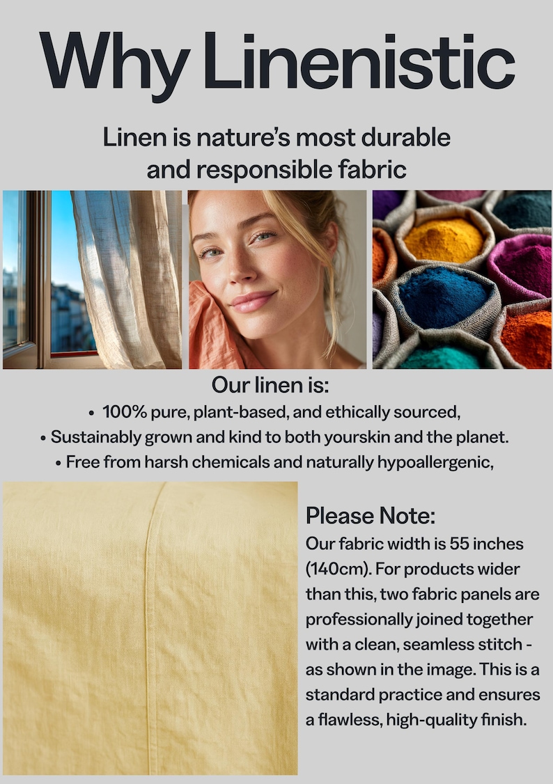 Op de afbeelding: Afbeelding ter promotie van linnen stof, met de tekst "Why Linenistic". Bevat foto's van linnen gordijnen, een persoon met linnen en kleurrijke poeders. De stofbreedte is 140 cm.