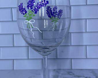 Hand Painted 15 oz Stemmed Wine Glass with Lavender branches on each side and on the base of glass