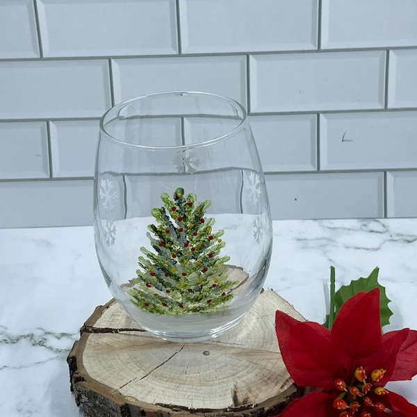 Stemless Christmas Tree wine glass, tumbler 15 oz. Hand painted