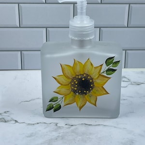Single sunflower in frosted soap dispenser 8 0z plastic or stainless steel pump new item