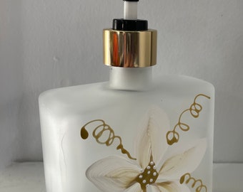 Hand painted Soap or Lotion Dispenser with white and gold flower on both sides of bottle