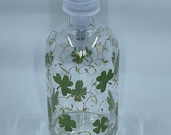 Hand painted 8 oz Round St. Patrick's Day Soap or Lotion Dispenser with Green Clover and Golden Swirls