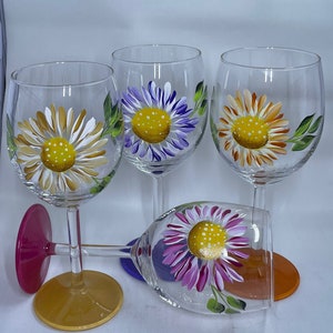 Spring Flower Wine Glasses in your choice of four colors Hand Painted flower wine glasses
