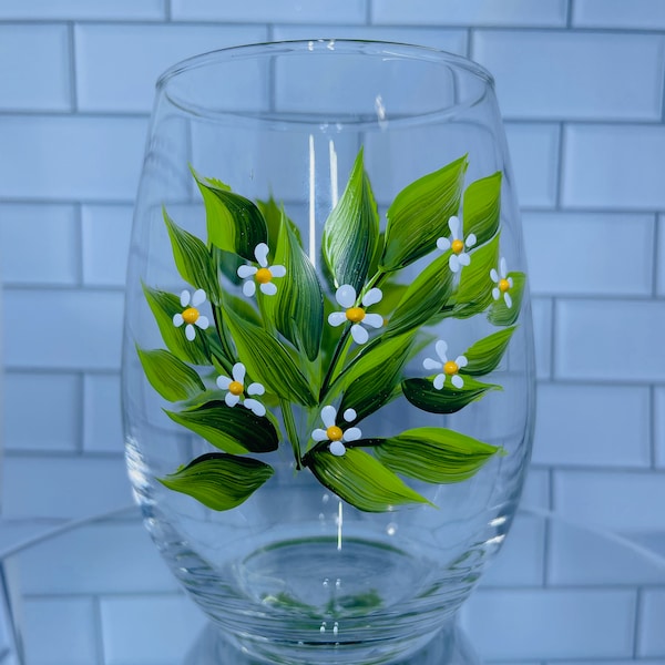 White flower hand painted stemless wine glass 15 oz