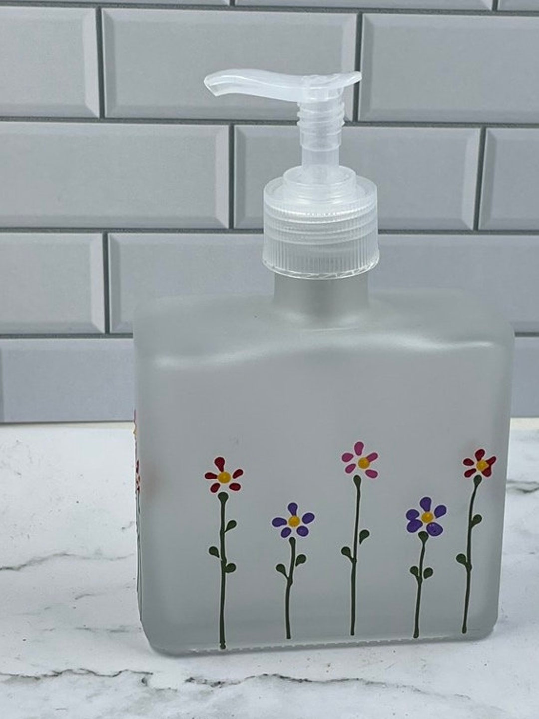 Frosted Soap Dispenser for Spring With Red, Pink and Purple Flowers