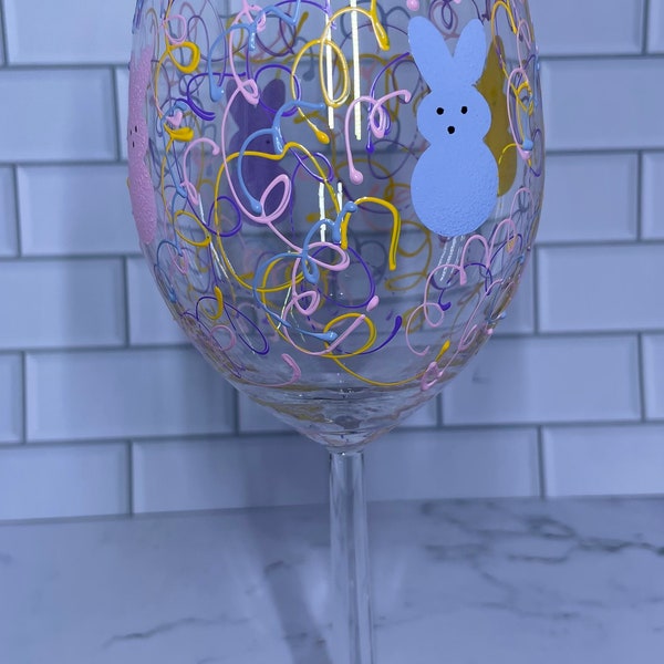 Easter Bunny Wine Glass hand painted in stemmed or stemless spring colors