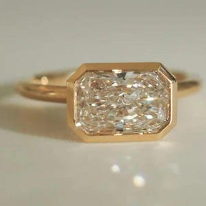 East West Radiant Cut Moissanite Engagement Ring 14kt Solid Gold Bezel Set Wedding Ring Anniversary Gift Ring For Her Solitaire Diamond Ring