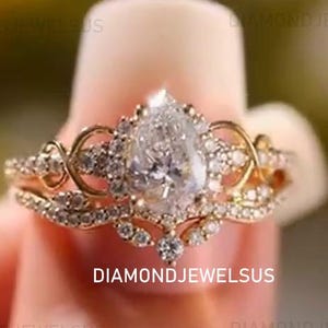 2 CT Birne Moissanit Verlobungsring Set 14K Solid Gold Ring Braut Set Natur inspiriert Floral einzigartige Hochzeit Versprechen Ring Jubiläum