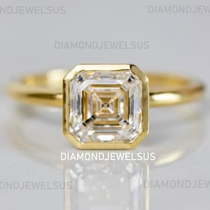 2 CT Asscher Cut Moissanite Engagement Ring, 14K Gold Solitaire Bridal Ring, Vintage Asscher Diamond Ring, Bezel Set Gift for Her, Jewelry