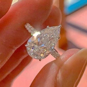 3 CT Pear Cut Moissanite Engagement Ring, Hidden Halo Teardrop Ring, Pave Setting Solid Gold Ring, Anniversary Gift for Her, Dainty Ring