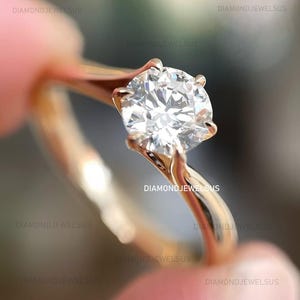 6-Prong Round Moissanite Engagement Ring, 14K Solid Gold Solitaire Ring,Vintage Prong Style Diamond Wedding Ring for Women,Unique Shank Ring