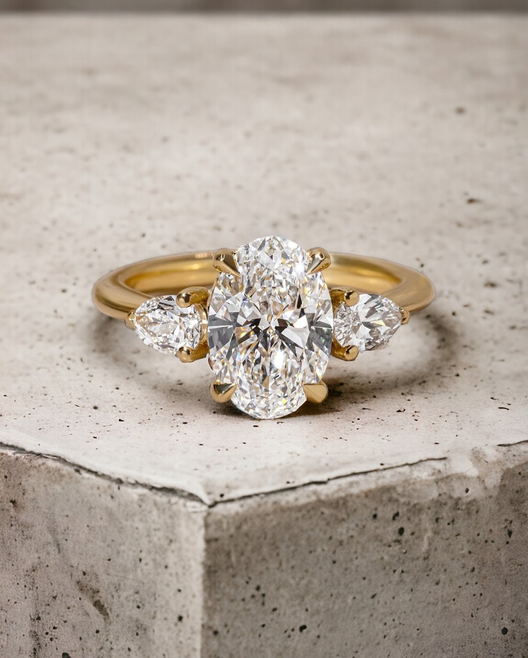 Three Stone Oval Cut Moissanite Engagement Ring 14K Yellow Gold Wedding ...