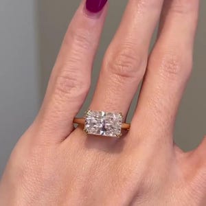 3 CT East West Radiant Diamond Ring, Moissanite Engagement Ring, 14k Yellow Gold Double Claw Prong Ring, Unique Bridal Wedding Gift Ring