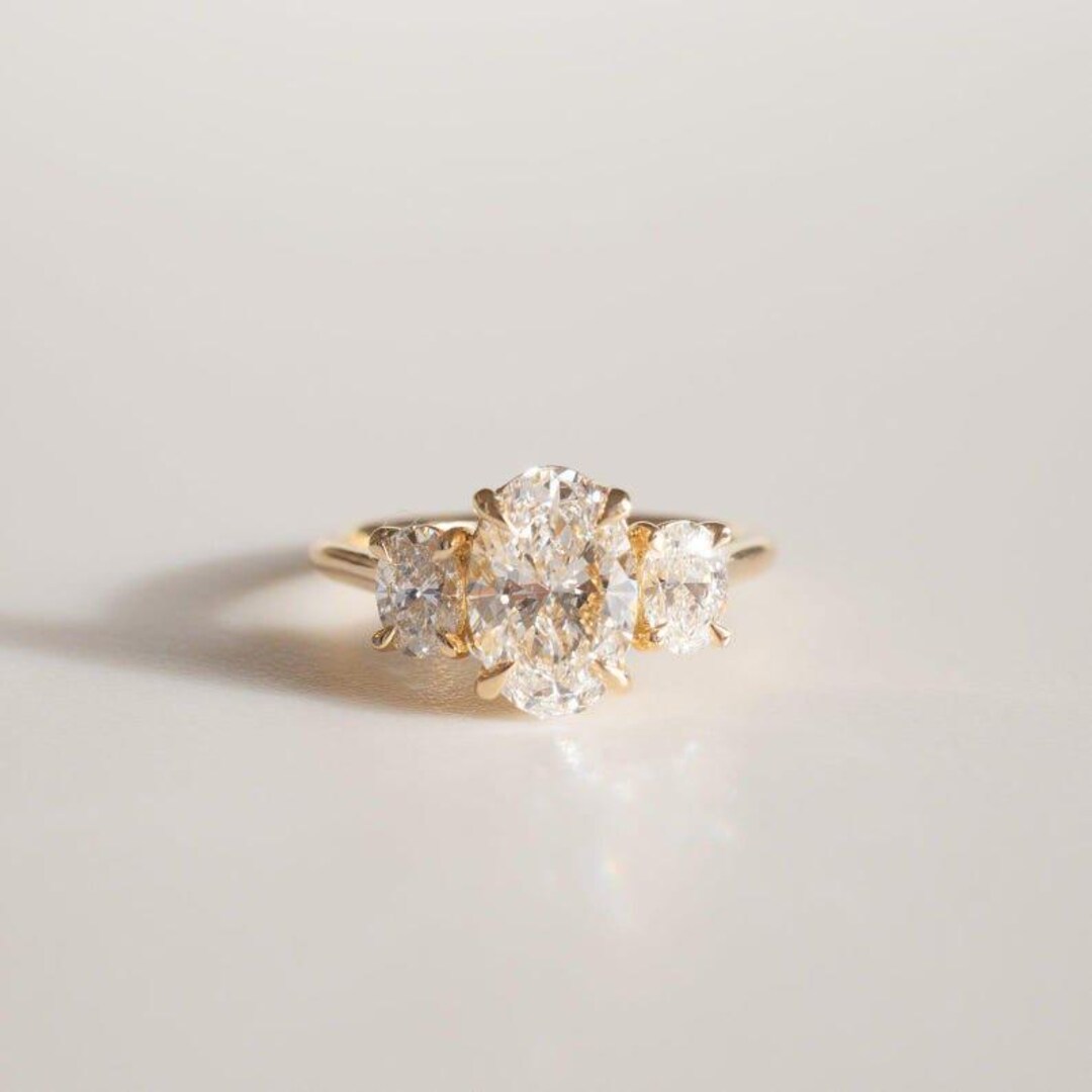 Oval Cut Three Stone Moissanite Engagement Ring, 14k Solid Gold ...