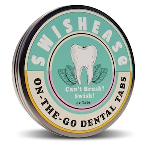 May include: A round, metal tin with a teal and cream label. The label features a tooth graphic with mint leaves and the text "SWISHEASE ON-THE-GO DENTAL TABS". The tin contains 62 tabs.