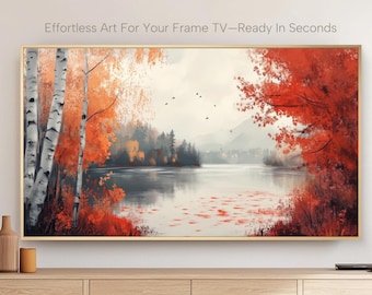 Fall Tv Screen Frame Tv Art Fall Digital Download Painting | Seasonal Autumn Lake Tv ...