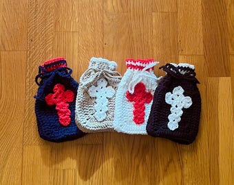 Crochet Cross Drawstring Pouch, Coin Purse
