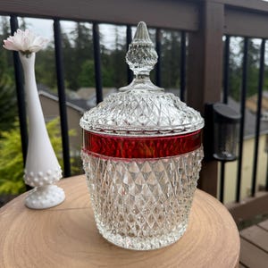 Vintage Indiana Glas Diamant Punkt Ruby Blitz Eiskübel mit Deckel | Keksdose | Konfekt-Teller | Weinkühler | Vintage Bar | MCM | Hollywood
