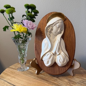 Virgin Mary Plaque: Ceramic Madonna on Wood Oval - Religious Home Decor