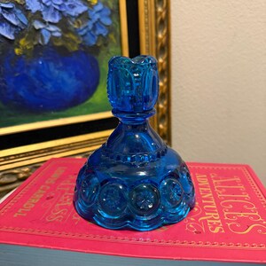 Vintage L.E. Smith Moon & Stars Colonial Blue Glass Candlestick Holder, 1970’s, Collectible