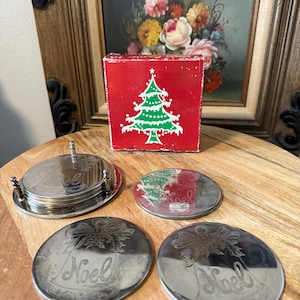 Vintage Silverplated Coasters | Set of 6 Coasters with Holder | Noel Bell Embossed Design | Elegance E.P. Steel | Vintage Barware | Holiday