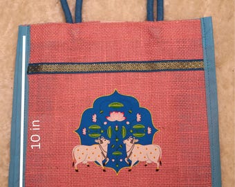 Pichwai Jute Bags  for Indian Pooja Return Gifts, Thamboolam, Wedding Gifts, Diwali Gifts, & Lunch Bags