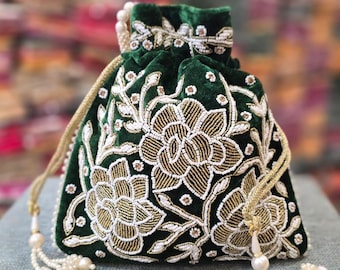 Silk Potli Bag with Beaded Work, Indian Wedding Favor