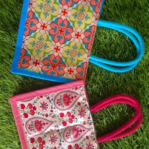 Jute Bag with digital printed fabric stitched for  wedding, festive occasion, house warming and varalakshmi Pooja