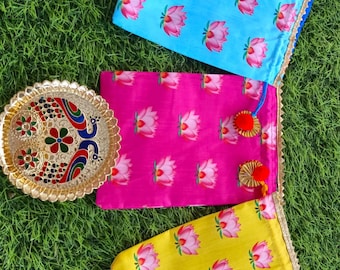 Rawsilk digital printed  potli bags for Indian Return Gifts, potli bags for festive occasions & Varalakshmi Pooja