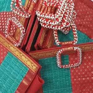 Korai Jute Bags with Brocade for Indian Pooja Return Gifts, Thamboolam, Wedding Gifts, & Diwali Gifts