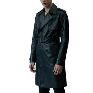 Handmade Men’s Black Real Leather Trench Coat – Belted Long Double-Breasted Overcoat