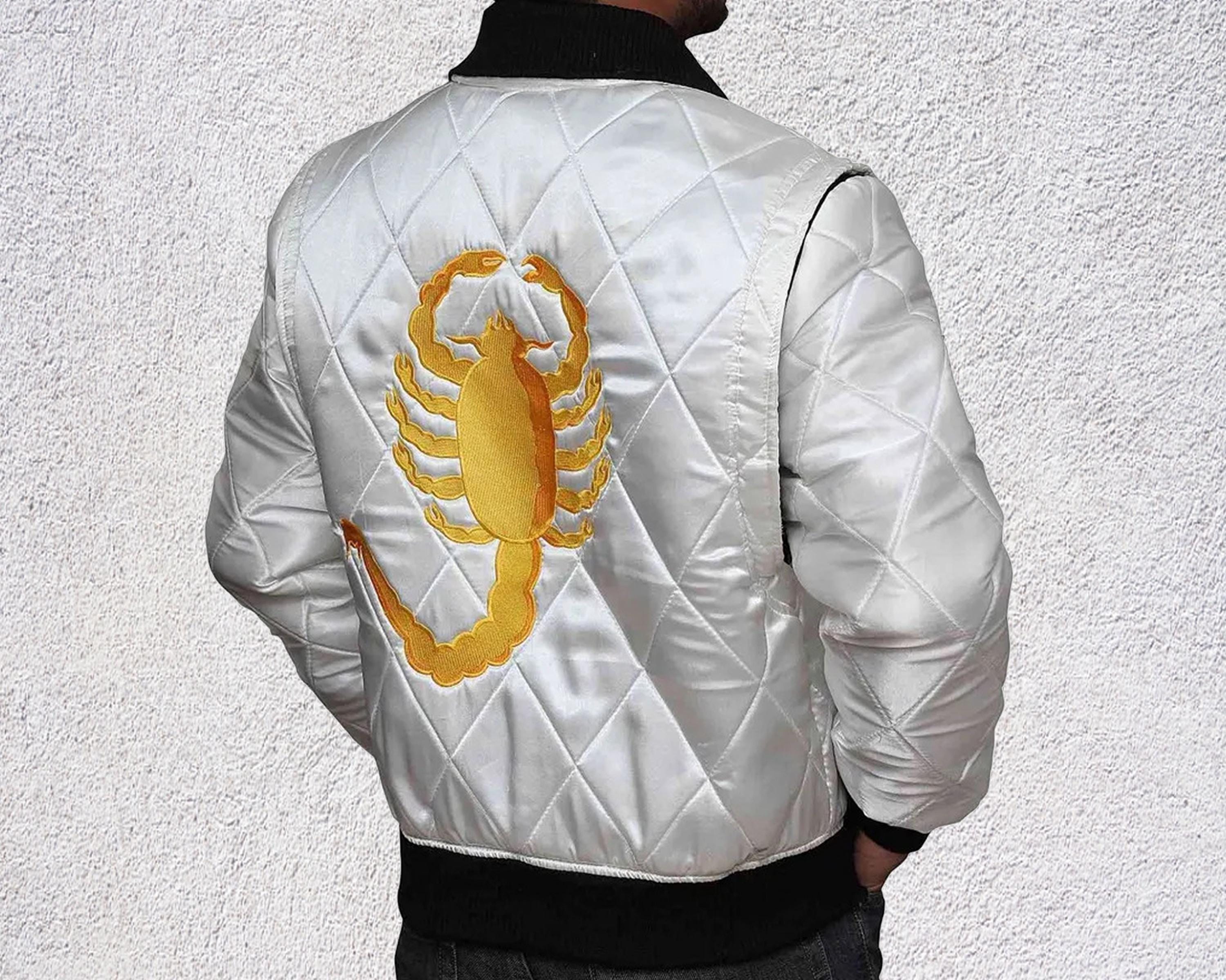 Ryan Gosling Drive Scorpion Jacket: White Satin Bomber - Cosplay