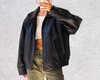 90年代ヴィンテージオーバーサイズシープスキンレザージャケット - ブラックレトロストリートウェア