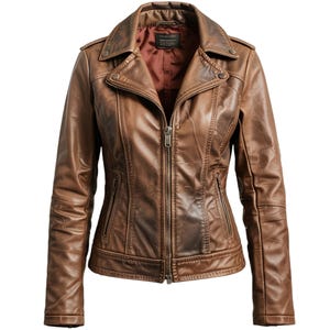 Blouson en cuir marron pour femme fait main - Coupe slim style moto
