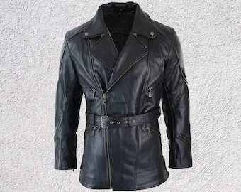 Men’s 3/4 Real Leather Belted Motorcycle Jacket – Vintage Asymmetrical Biker Coat