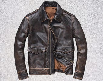 Men's A-2 Aviator Bomber Jacket 90s Vintage Distressed Sheepskin