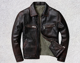 Blouson aviateur homme marron effet vieilli en cuir véritable