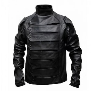 Handmade Captain America The Winter Soldier Bucky Barnes Black Leather Jacket with Detachable Sleeves For Men