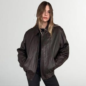90s Retro Brown Leather Bomber Jacket: Oversized Sheep Leather Outerwear