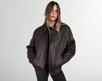 90s Retro Brown Leather Bomber Jacket: Oversized Sheep Leather Outerwear