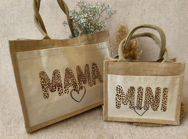 Leo Jute Tasche Mama & Mini Leo Look / Taschen Set Jutetasche / Partnerlook Shopper / Mama Kind Tasche / Geschenk für Mamas