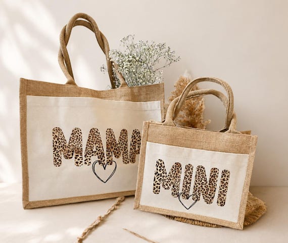 Mama Mini Tasche Set Leo | Jute Taschen Partnerlook | Mama Kind Geschenk | Shopper Tasche | Geschenk für Mama