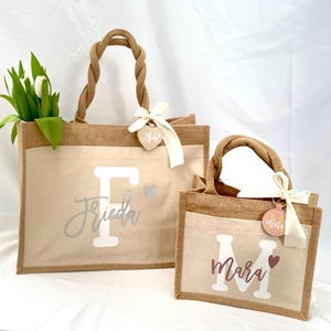 Nachhaltige Jute-Tasche mit deinem Name & Initial personalisiert | Geschenkidee Jute-Beutel Einkaufstasche aus Jute und Baumwolle