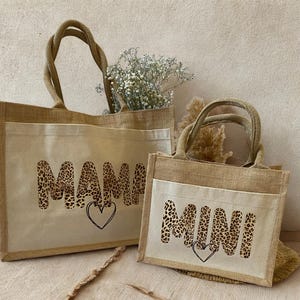 Leo Jute Tasche Mama & Mini Leo Look / Taschen Set Jutetasche / Partnerlook Shopper / Mama Kind Tasche / Geschenk für Mamas