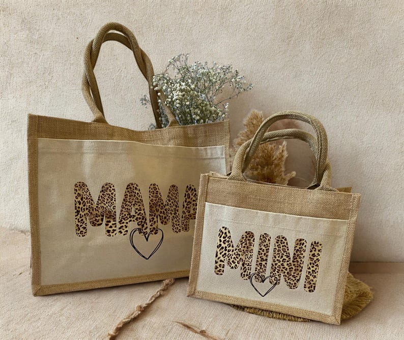 Leo Jute Tasche Mama & Mini Leo Look / Taschen Set Jutetasche / Partnerlook Shopper / Mama Kind Tasche / Geschenk für Mamas