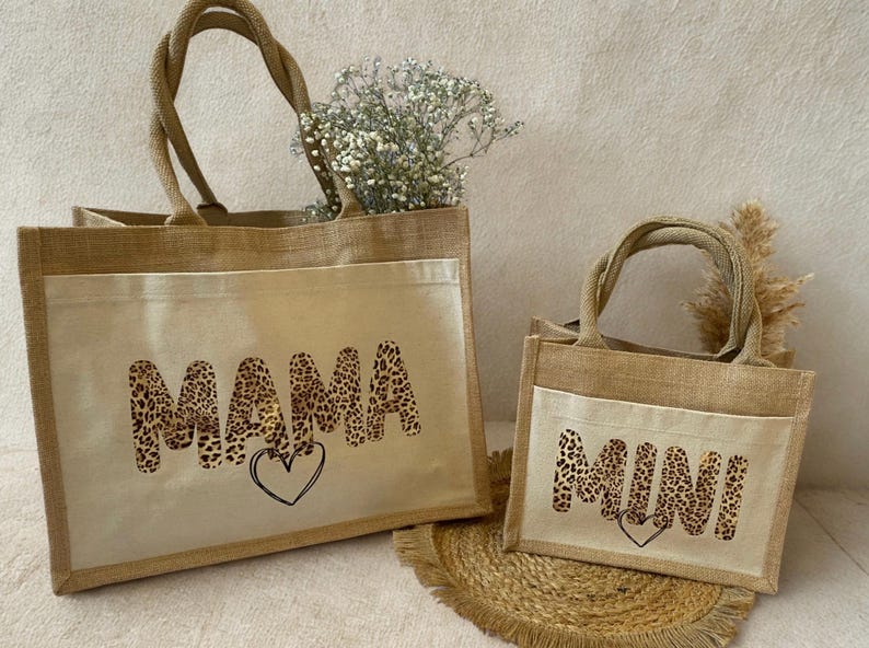 Leo Jute Tasche Mama & Mini Leo Look / Taschen Set Jutetasche / Partnerlook Shopper / Mama Kind Tasche / Geschenk für Mamas