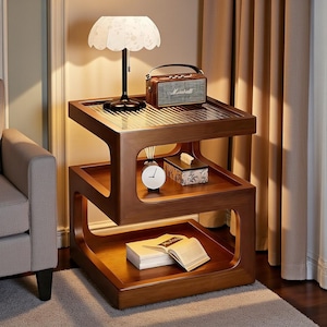 May include: A three-tiered, brown wooden side table with a unique, open-sided design. The top shelf holds a lamp with a floral shade and a small speaker. The middle shelf has a clock and a decorative box. The bottom shelf has books.