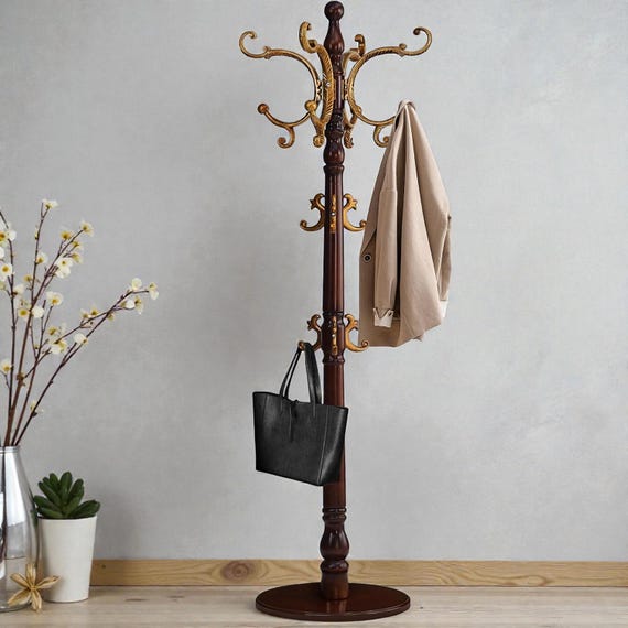 Vintage Wooden Freestanding Coat Rack with Stable Base and 14 Hooks