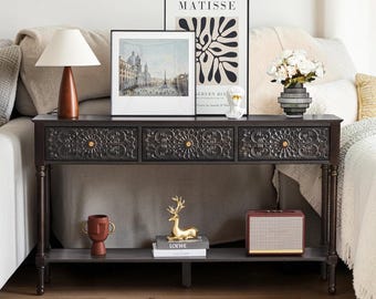 Carved Console Table With Drawers Floral Sofa Table Entryway Storage Shelf Antique Style